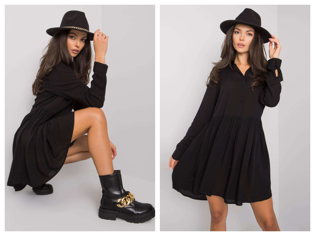 Міні-сукня чорного кольору з довгим рукавом в поєднанні з капелюхом і масивними черевиками чорного кольору