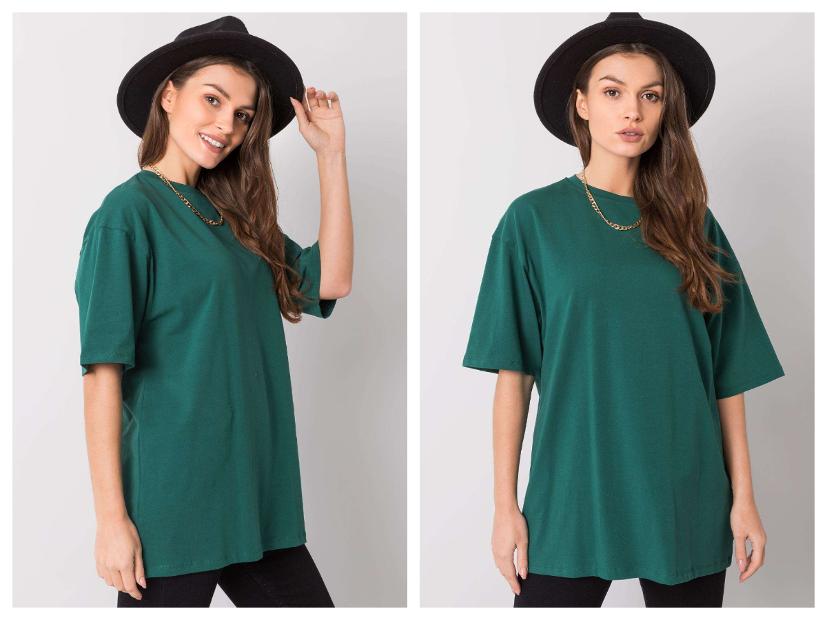 Базова футболка доброї якості оверсайз темно-зеленого кольору в поєднанні з чорними штанами та кашеміровим капелюхом