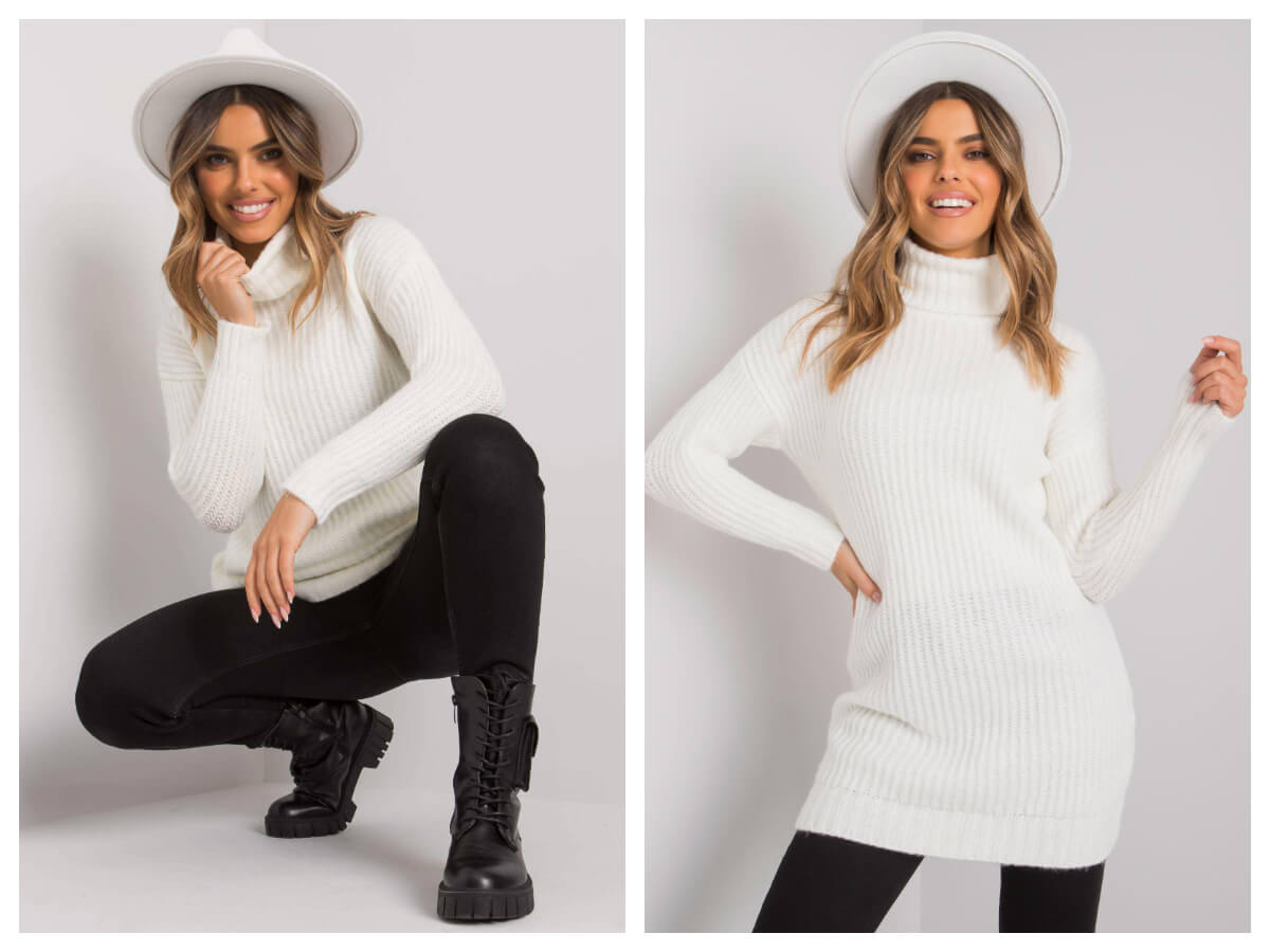 Довгий в'язаний светр з високою горловиною білого кольору в поєднанні з чорними штанами та білим капелюхом